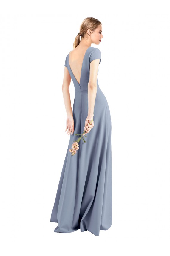 Compre Azul humo Cubierta Cuello en V Cuello Alto Crepé Elástico Largo Vestidos de dama de honor / Vestidos de fiesta