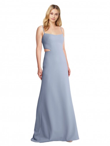 Compre Azul humo línea A Tirantes espagueti Cucharón Crepé Elástico Largo Vestidos de dama de honor / Vestidos de fiesta