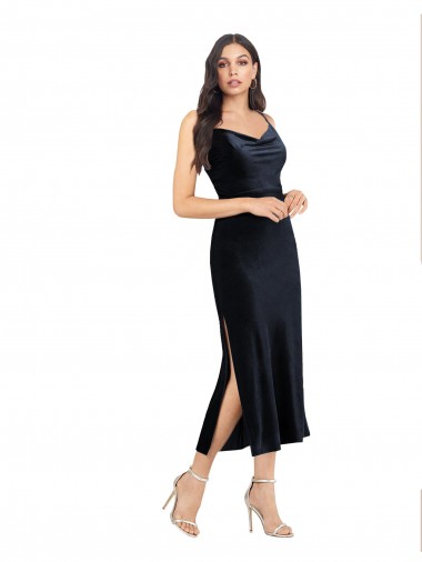 Compre Azul marina oscuro Columna Midi Terciopelo Elástico Corto Formales Vestidos de dama de honor / Vestidos de fiesta / Vestidos de cóctel
