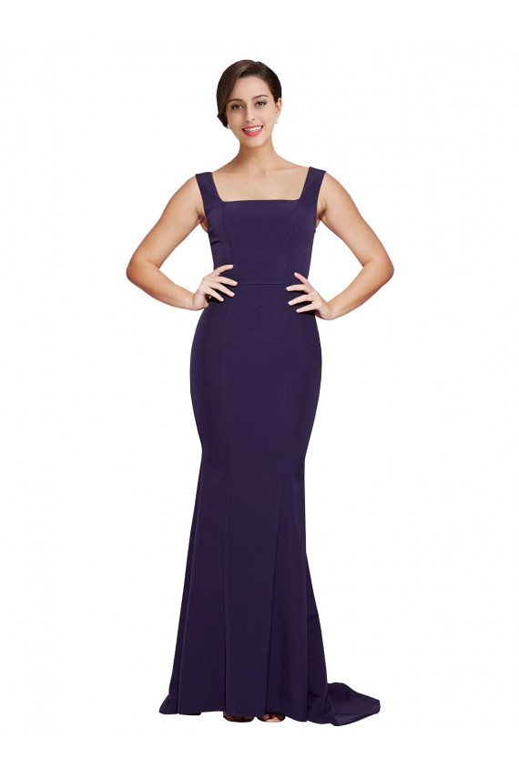 Compre Azul marina oscuro Cubierta Cuadrado Barrer tren Crepé Elástico Largo Vestidos de dama de honor / Vestidos de fiesta