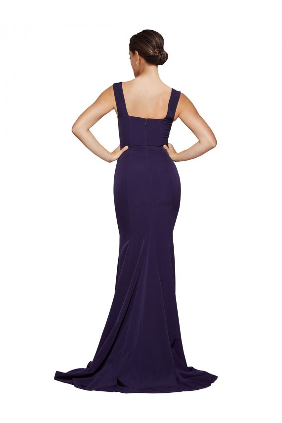Compre Azul marina oscuro Cubierta Cuadrado Barrer tren Crepé Elástico Largo Vestidos de dama de honor / Vestidos de fiesta