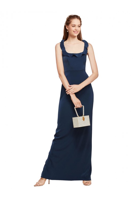 Compre Azul marina oscuro Cubierta Cucharón Crepé Elástico Largo Formales Vestidos de dama de honor / Vestidos de fiesta