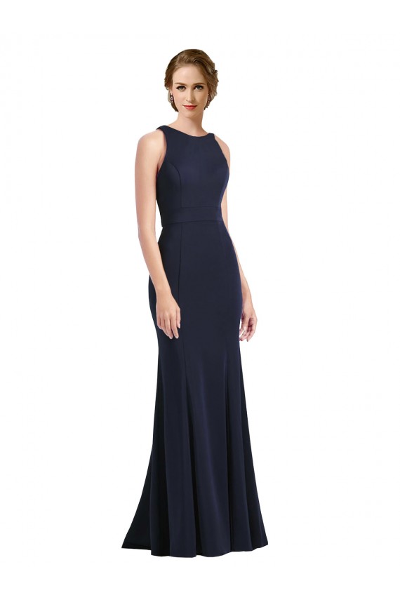 Compre Azul marina oscuro Cubierta Cucharón Cuello Alto Crepé Elástico Largo Vestidos de dama de honor / Vestidos de fiesta