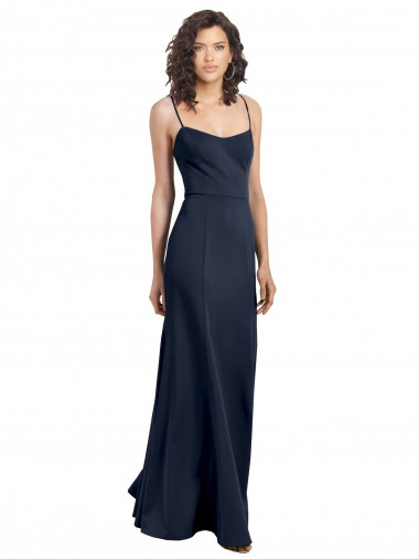 Compre Azul marina oscuro Cubierta Cuello Alto Tirantes espagueti Crepé Elástico Largo Formales Vestidos de dama de honor / Vestidos de fiesta