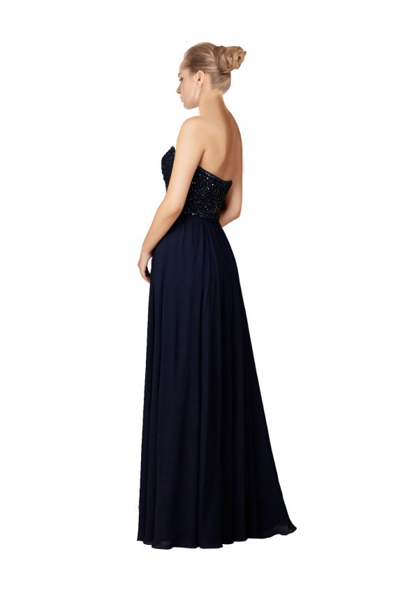 Compre Azul marina oscuro Cubierta Cuello de Corazón Gasa Largo Vestidos de dama de honor