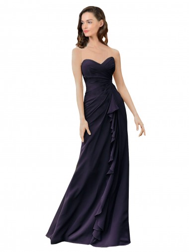 Compre Azul marina oscuro Cubierta Cuello de Corazón Gasa Largo Vestidos de dama de honor