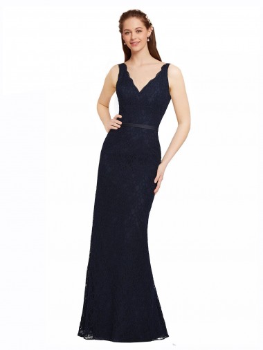 Compre Azul marina oscuro Cubierta Cuello en V Encaje Largo Vestidos de dama de honor