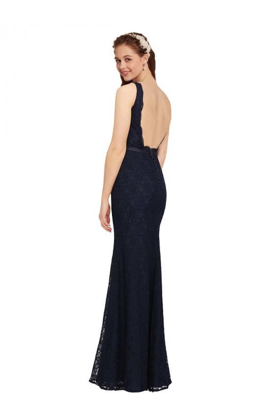 Compre Azul marina oscuro Cubierta Cuello en V Encaje Largo Vestidos de dama de honor