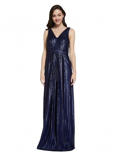 Compre Azul marina oscuro Cubierta Cuello en V Lentejuela Largo Formales Vestidos de dama de honor / Vestidos de fiesta