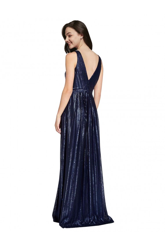 Compre Azul marina oscuro Cubierta Cuello en V Lentejuela Largo Formales Vestidos de dama de honor / Vestidos de fiesta