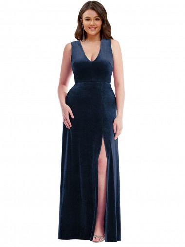 Compre Azul marina oscuro Cubierta Cuello en V Terciopelo Elástico Largo Formales Vestidos de dama de honor / Vestidos de fiesta
