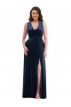 Compre Azul marina oscuro Cubierta Cuello en V Terciopelo Elástico Largo Formales Vestidos de dama de honor / Vestidos de fiesta