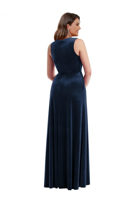 Compre Azul marina oscuro Cubierta Cuello en V Terciopelo Elástico Largo Formales Vestidos de dama de honor / Vestidos de fiesta