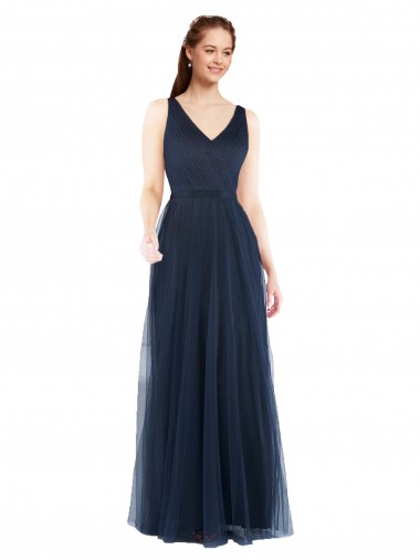 Compre Azul marina oscuro Cubierta Cuello en V Tul Largo Vestidos de dama de honor