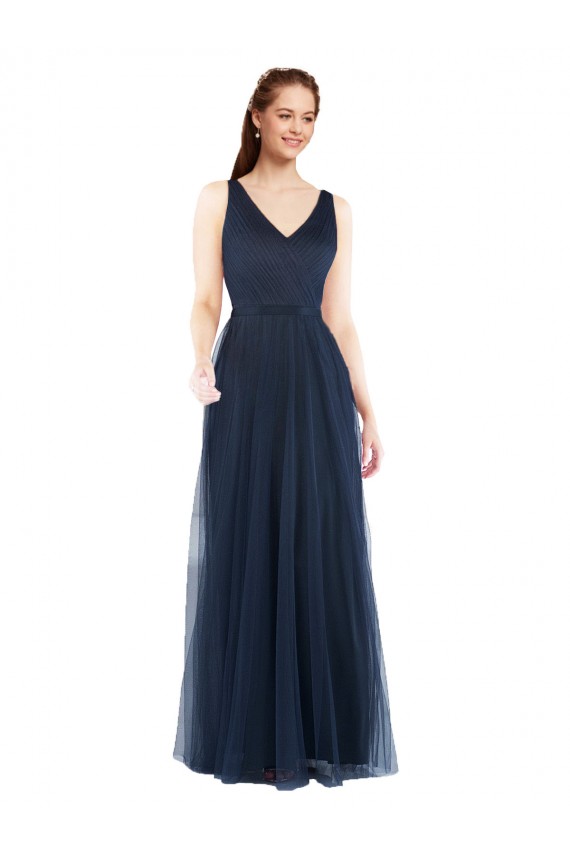 Compre Azul marina oscuro Cubierta Cuello en V Tul Largo Vestidos de dama de honor