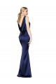 Compre Azul marina oscuro Cubierta Halter Cuello Alto Satén elástico Largo Formales Vestidos de dama de honor / Vestidos de fiesta