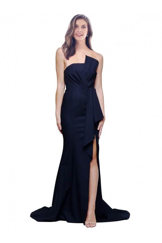 Compre Azul marina oscuro Cubierta Sin tirantes Barrer tren Crepé Elástico Largo Vestidos de dama de honor / Vestidos de fiesta
