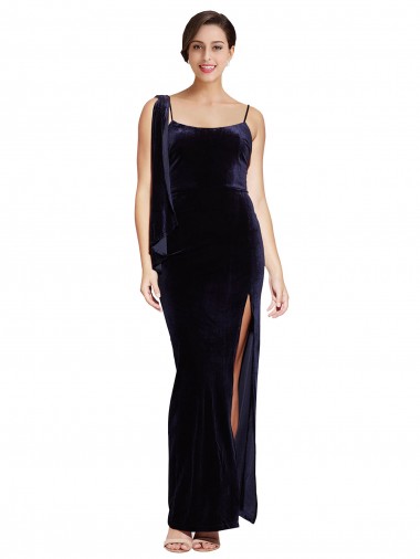 Compre Azul marina oscuro Cubierta Tirantes espagueti Cuadrado Terciopelo Elástico Largo Formales Vestidos de dama de honor / Vestidos de fiesta