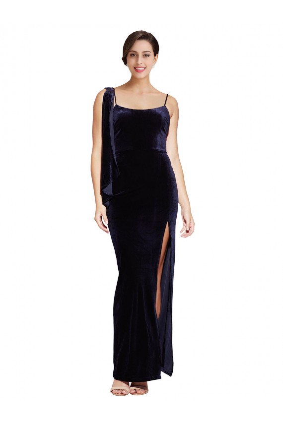 Compre Azul marina oscuro Cubierta Tirantes espagueti Cuadrado Terciopelo Elástico Largo Formales Vestidos de dama de honor / Vestidos de fiesta