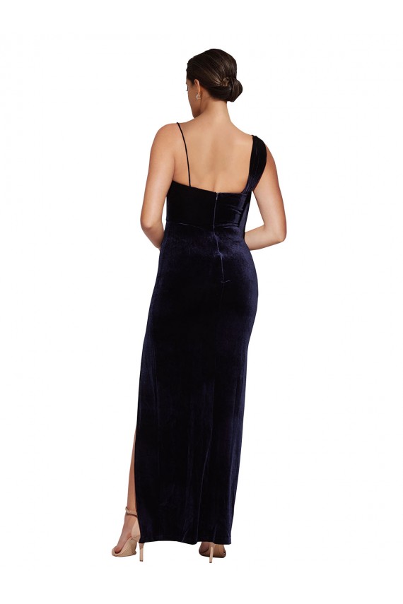 Compre Azul marina oscuro Cubierta Tirantes espagueti Cuadrado Terciopelo Elástico Largo Formales Vestidos de dama de honor / Vestidos de fiesta