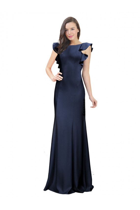 Compre Azul marina oscuro Sirena Barco Crepé Elástico Largo Vestidos de dama de honor / Vestidos de fiesta