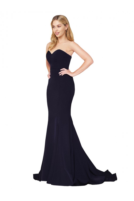 Compre Azul marina oscuro Sirena Cuello Alto Barrer tren Crepé Elástico Largo Formales Vestidos de dama de honor / Vestidos de fiesta