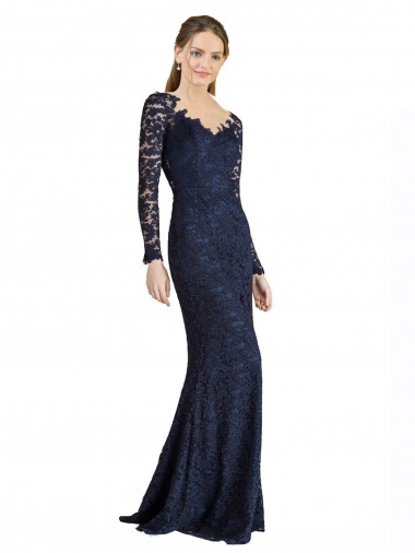 Compre Azul marina oscuro Sirena Cuello de Corazón Encaje Largo Vestidos de dama de honor / Vestidos de fiesta