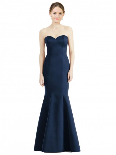 Compre Azul marina oscuro Sirena Cuello de Corazón Satén Largo Vestidos de dama de honor
