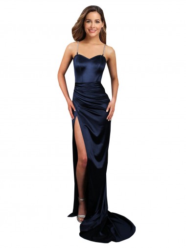 Compre Azul marina oscuro Sirena Cuello de Corazón Satén elástico Largo Formales Vestidos de dama de honor / Vestidos de fiesta