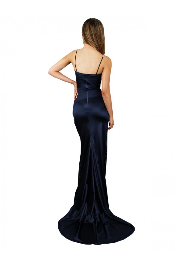 Compre Azul marina oscuro Sirena Cuello de Corazón Satén elástico Largo Formales Vestidos de dama de honor / Vestidos de fiesta