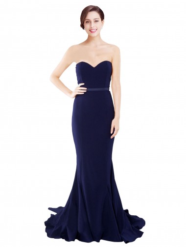 Compre Azul marina oscuro Sirena Cuello de Corazón Sin tirantes Barrer tren Crepé Elástico Largo Vestidos de dama de honor / Vestidos de fiesta