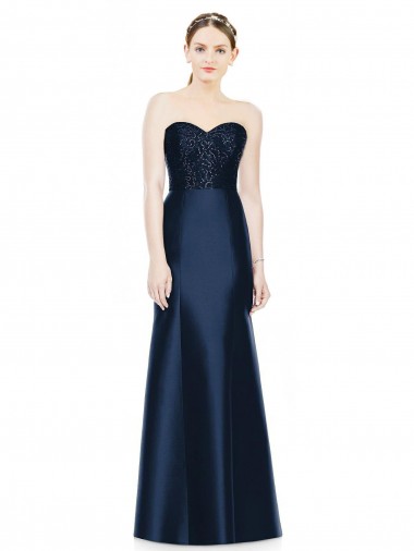 Compre Azul marina oscuro Sirena Cuello de Corazón Sin tirantes Satén Largo Vestidos de dama de honor