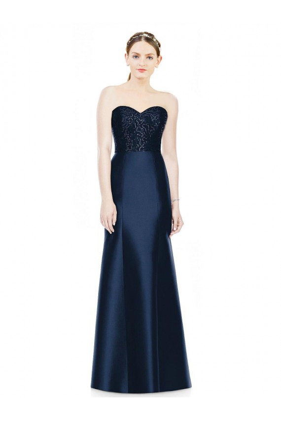 Compre Azul marina oscuro Sirena Cuello de Corazón Sin tirantes Satén Largo Vestidos de dama de honor