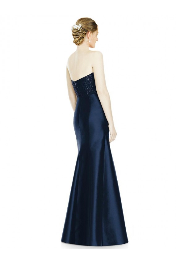Compre Azul marina oscuro Sirena Cuello de Corazón Sin tirantes Satén Largo Vestidos de dama de honor