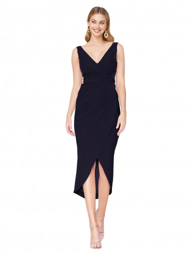Compre Azul marina oscuro Sirena Cuello en V Cuello Alto Crepé Elástico Corto Asimétrico Formales Vestidos de dama de honor / Vestidos de fiesta / Vestidos de cóctel