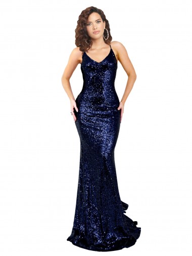 Compre Azul marina oscuro Sirena Cuello en V Lentejuela Largo Formales Vestidos de dama de honor / Vestidos de fiesta