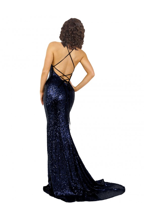 Compre Azul marina oscuro Sirena Cuello en V Lentejuela Largo Formales Vestidos de dama de honor / Vestidos de fiesta