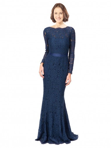 Compre Azul marina oscuro Sirena Cuello joya Barrer tren Encaje Largo Vestidos de dama de honor