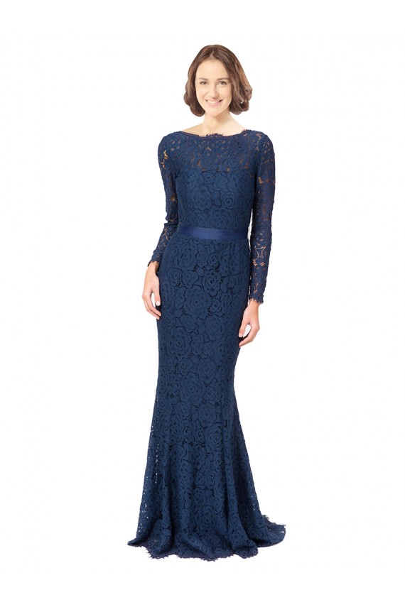 Compre Azul marina oscuro Sirena Cuello joya Barrer tren Encaje Largo Vestidos de dama de honor
