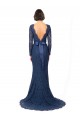 Compre Azul marina oscuro Sirena Cuello joya Barrer tren Encaje Largo Vestidos de dama de honor
