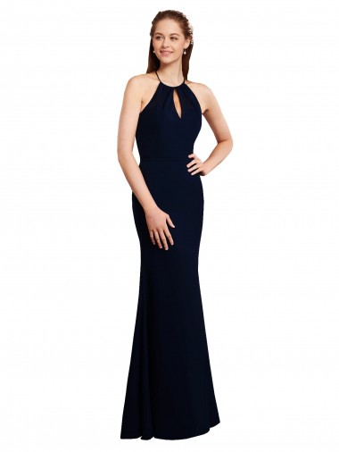 Compre Azul marina oscuro Sirena Halter Gasa Largo Vestidos de dama de honor