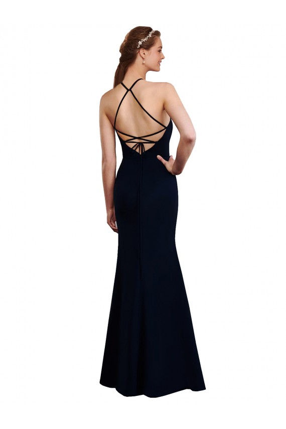 Compre Azul marina oscuro Sirena Halter Gasa Largo Vestidos de dama de honor