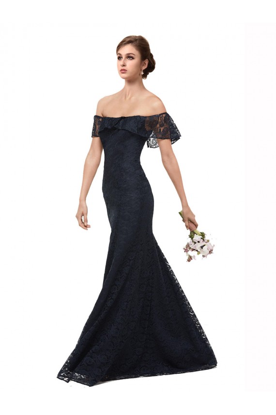 Compre Azul marina oscuro Sirena Hombros Descubiertos Encaje Largo Vestidos de dama de honor / Vestidos de fiesta