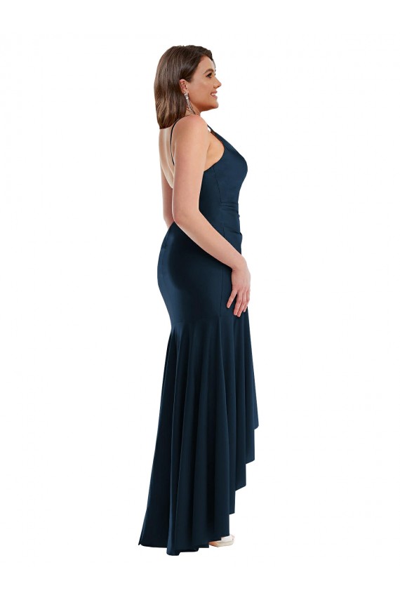 Compre Azul marina oscuro Sirena Tirantes espagueti Satén sedoso Largo Asimétrico Formales Vestidos de dama de honor / Vestidos de fiesta