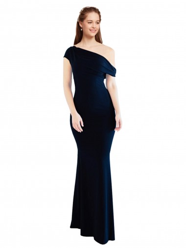 Compre Azul marina oscuro Sirena Un Hombre Crepé Elástico Largo Formales Vestidos de dama de honor / Vestidos de fiesta