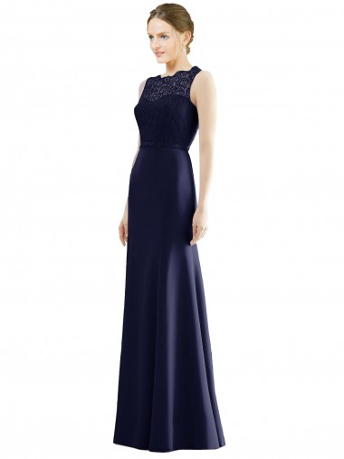 Compre Azul marina oscuro Sirena Ilusión Gasa Encaje Largo Vestidos de dama de honor