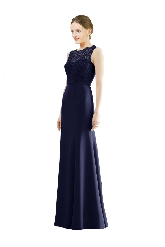 Compre Azul marina oscuro Sirena Ilusión Gasa Encaje Largo Vestidos de dama de honor