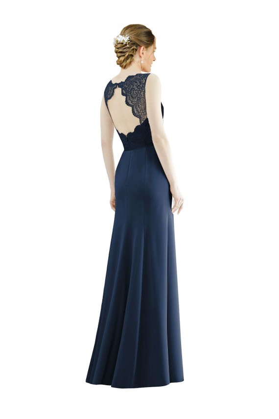 Compre Azul marina oscuro Sirena Ilusión Gasa Encaje Largo Vestidos de dama de honor