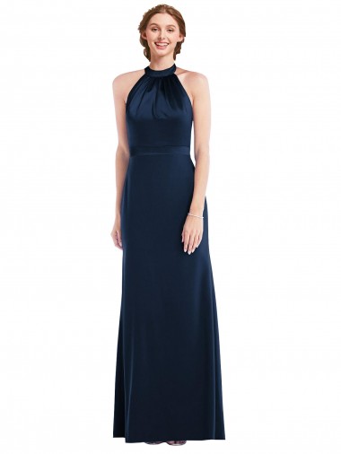 Compre Azul marina oscuro Trompeta Cuello Alto Crepé Elástico Largo Vestidos de dama de honor / Vestidos de fiesta