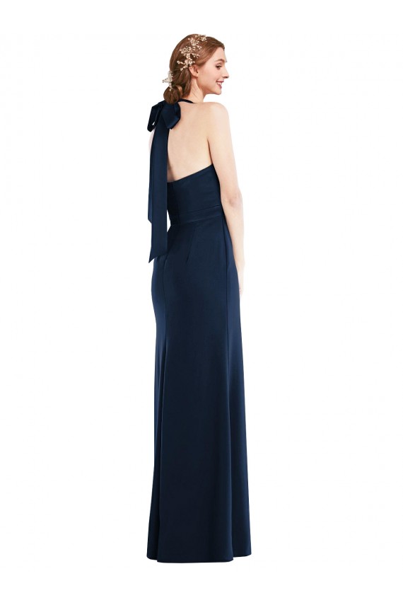 Compre Azul marina oscuro Trompeta Cuello Alto Crepé Elástico Largo Vestidos de dama de honor / Vestidos de fiesta